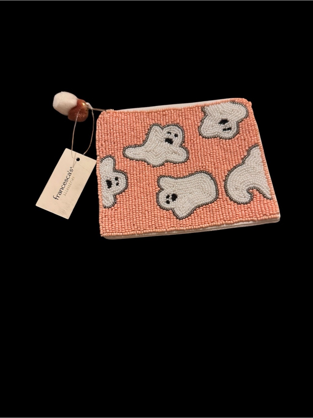 Francesca’s Beaded Ghost Halloween Zip Pouch NWT Peach Beaded Cosmetic Coin Bag